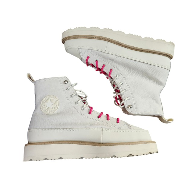 Converse CTAS Lugged Winter White Leather Platform Shoes Hot Pink Laces Size 8 - Picture 3 of 11